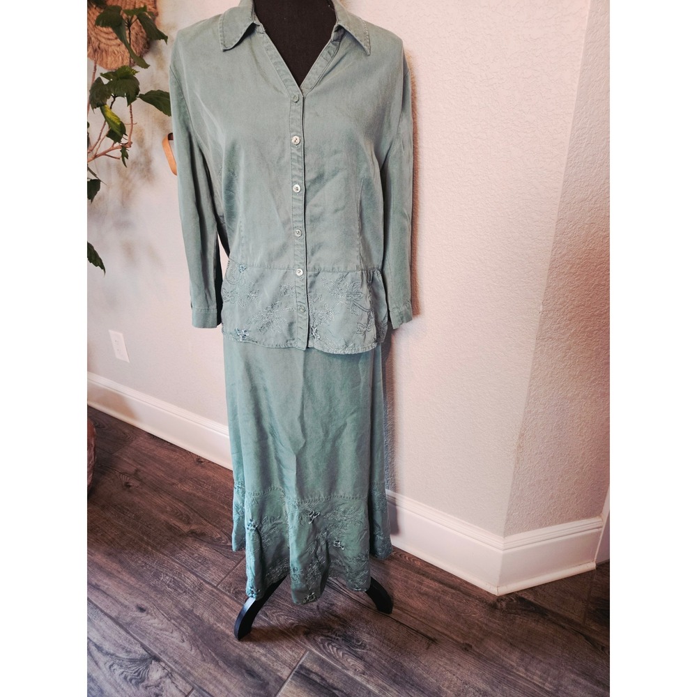 JM Collection Tencel Skirt Set 14 Sage Green Embroidered Floral Boho